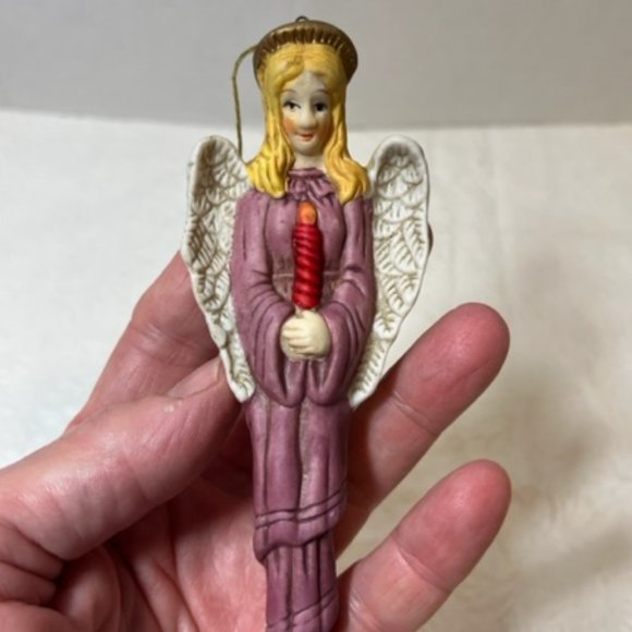 VTG Porcelain Teardrop Angel Holding Candle Christmas Tree Ornament 5" - Picture 3 of 5